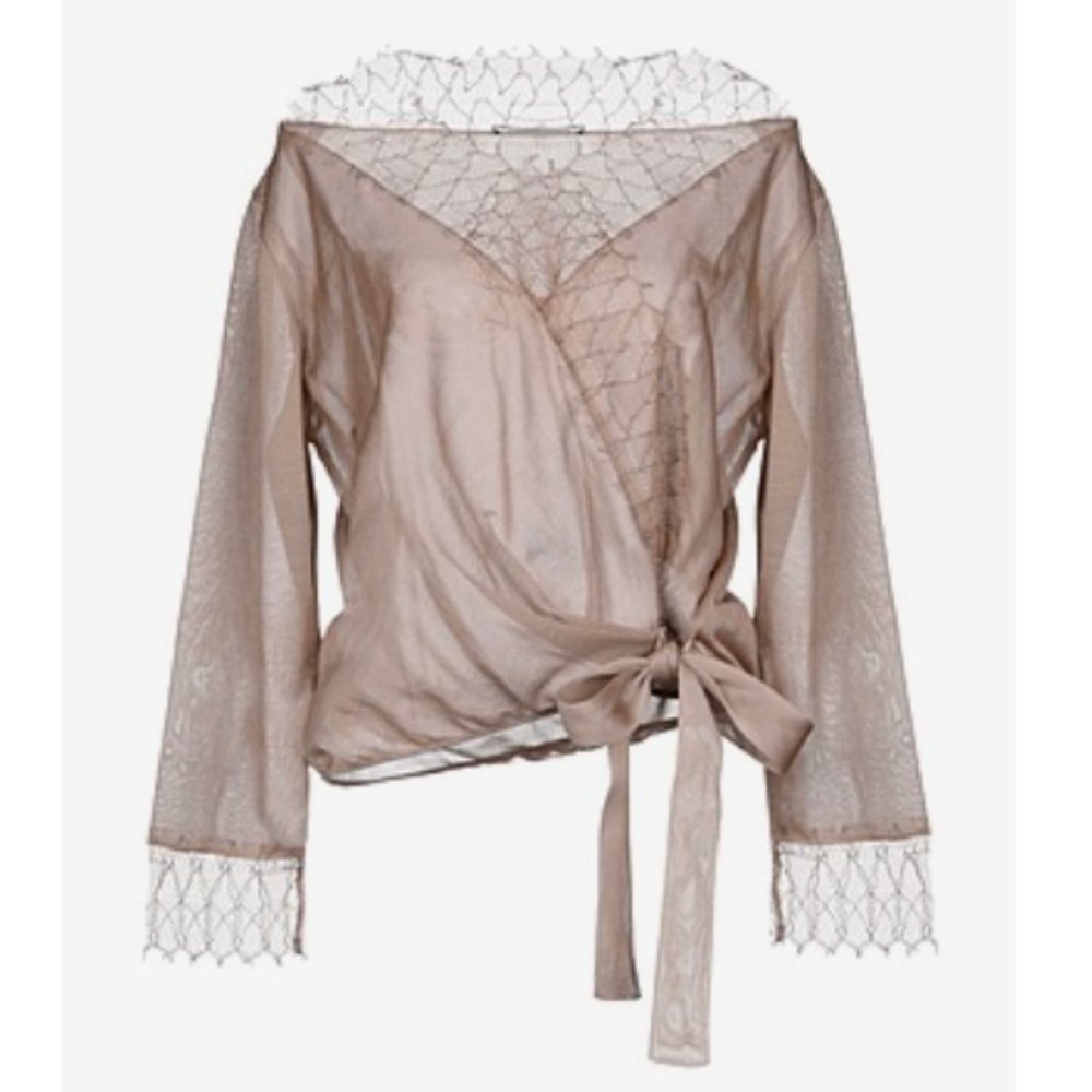 ALBERTA FERRETTI - Khaki / Beige silk, lace sweater, Size 8